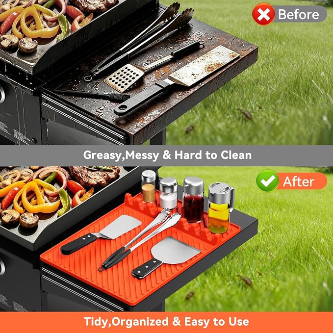 Grill Silicone Mat for Blackstone - BBQ Side Shelf Mat With Magnetic 2 PCS | Waterproof and Oil-proof,450°F Heat Resistant,Food Grade,Griddle Accessories,Spatula Utensil Storage Rack,Outdoor and Kitchen