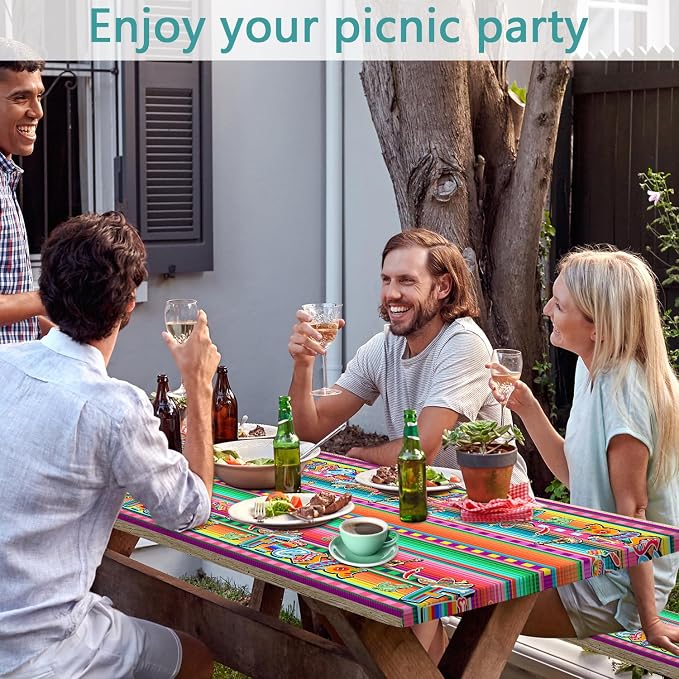 Mexican Fiesta Picnic Table Cover with Bench Covers and Bag, Camping Essentials, Cinco De Mayo Printed Table Cloth Waterproof Fitted Tablecloth Cover with Elastic Edge for Outdoor 3 PCS 30x96 Inch
