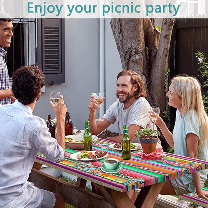 Mexican Fiesta Picnic Table Cover with Bench Covers and Bag, Camping Essentials, Cinco De Mayo Printed Table Cloth Waterproof Fitted Tablecloth Cover with Elastic Edge for Outdoor 3 PCS 30x96 Inch
