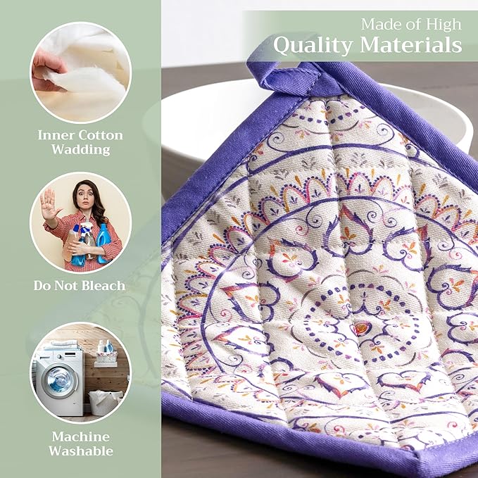 Maison d' Hermine Pot Holders 100% Cotton Heat Resistant Potholders 8" x 8" Hot Pads with Loop BBQ Cooking Baking Hotel Farmhouse Kitchen Handling Hot Pans Spring Summer (Pack of 1, Mandala)