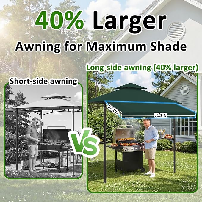 CHARMELEON 8x8 FT Grill Gazebo, Grill Canopy with Big Awning&2 Side Shelves&6 Hooks&Bottle Opener, Powder-Coated Steel BBQ Shelter for Patio Backyard Outdoor Grilling-Green