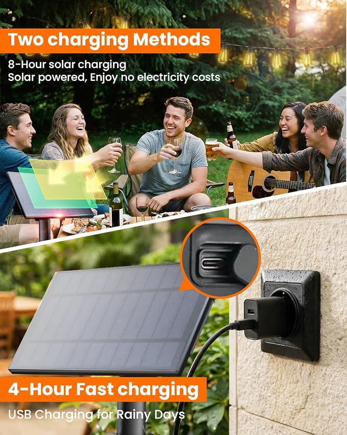 VOLIVO 54FT ST38 Solar String Lights Waterproof Outdoor Patio Lights | with Remote & USB Port, 16+1 LED Shatterproof Bulbs, 8 Lighting Modes, Dimmable Solar Light for Camping Backyard Garden