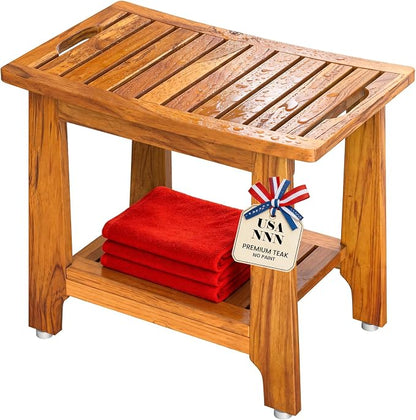 NNN 21" Standard Teak Shower Bench with Japan-Made Non-Slip Leveling Feet | US Patented Design, Marine-Grade Hardware, Pre-Oiled European Teak Oil, Ready, 300lb, for Showers Spa Sauna & Outdoor Pools
