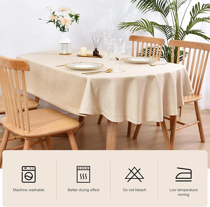 Wolkemer Polyester Oval Tablecloth Heavy Duty Wrinkle Resistant Fabric Table Cloths 60 x 102 Inch Beige Farmhouse Rustic Table Cover for Kitchen Dining Indoor Outdoor Tabletop Decoration