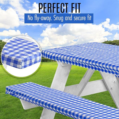 LINPRO Premium Picnic Table Cover with Bench Covers Vinyl Fitted Picnic Table Covers with Elastic RV Camping Accessories and Camper Must Haves Waterproof (Blue Gingham, 96 x 30(8ft))