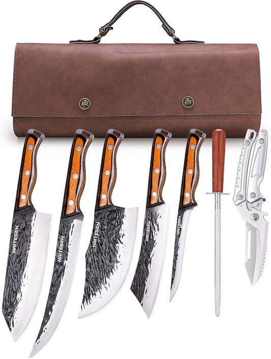 Naitesen 7PCS Hand Forged Butcher Knife and Kitchen Knife 2 in 1 Set with Roll Bag, Heavy Duty Meat Cleaver Serbian Chef Knife Breaking Knife Boning Knife for Meat Cutting BBQ Gifts for Men Women
