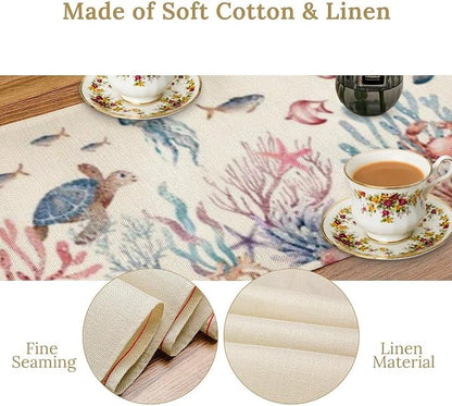 Nautical Coastal Table Runners Ocean Beach Coral Table Runners Starfish Blue Teal Seafood Drawing, Dining Room Kitchen Rectangular Runner, 13" X 36"