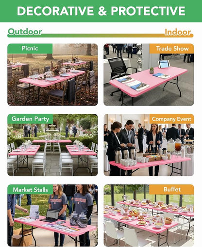 Fitted Tablecloth Rectangle Table Cloths with Elastic, 8 ft, Pink, 6 Pack | For Outdoor Picnic Camping Party 8 foot Folding Spandex Table Covers, Water-Resistant, Windproof, Reusable, 96"L x 30"W