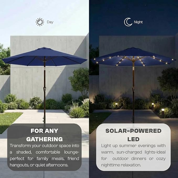 10FT Solar Lighted Patio Umbrella, Outdoor Table Market Umbrellas with Push Button Tilt and Crank, 32 LED Lights, 8 Sturdy Ribs, UV-Resistant for Deck, Garden, Pool