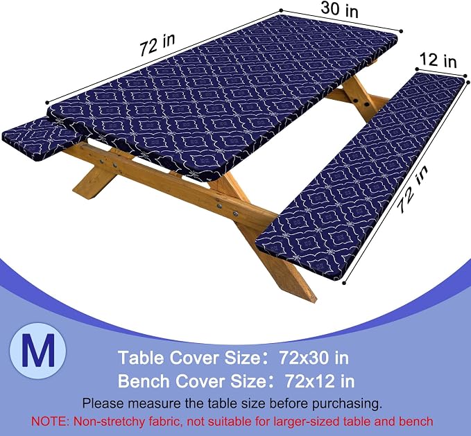 Picnic Table Cover with Bench Covers Windproof Waterproof Picnic Table Covers Camping Tablecloth with Self-Storage Bag, 72in, Dark Blue