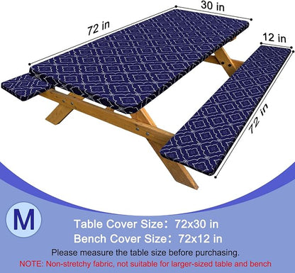 Picnic Table Cover with Bench Covers Windproof Waterproof Picnic Table Covers Camping Tablecloth with Self-Storage Bag, 72in, Dark Blue