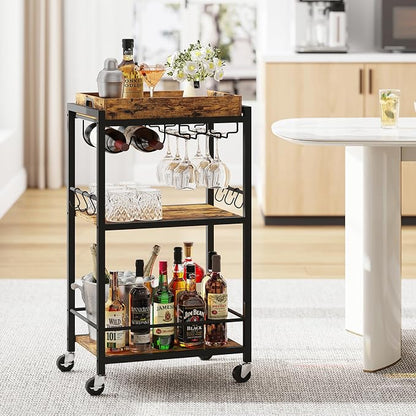 TUTOTAK Bar Cart with Wheels, Mini Drink Cart with Wine Rack & Glass Holder | 3-Tier 17 Inch Wide Home Bar Serving Carts, Small Mobile Kitchen Shelf with 6 Hooks, Rustic Brown BC01BB036