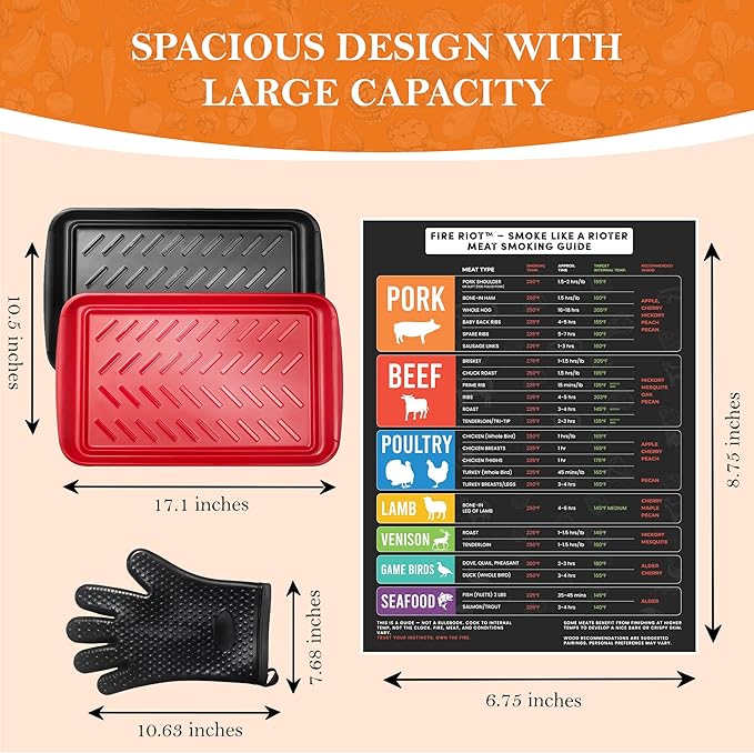FIRE RIOT Grilling Prep & Serve Trays Set, BBQ Trays for Marinating Raw & Cooked Food with Heat Resistant Silicone Gloves & Meat Smoking Guide, Dishwasher Safe