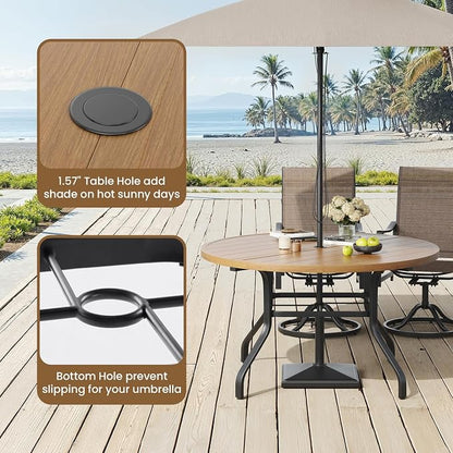 Round Outdoor Patio Dining Table, 47" Round Patio Table Wood-Like Grain with 1.57" Umbrella Hole, Metal Outdoor Dining Tables for Backyard and Poolside