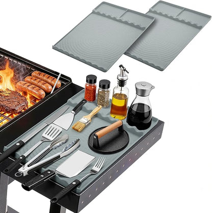 Silicone Grill Mat for Blackstone - BBQ Griddle Tools Side Mat with Drip Pad, Griddle Tools Mat for Outdoor Kitchen Countertop, BBQ Grill Accessories Gifts for Men (Gray-2Pack)