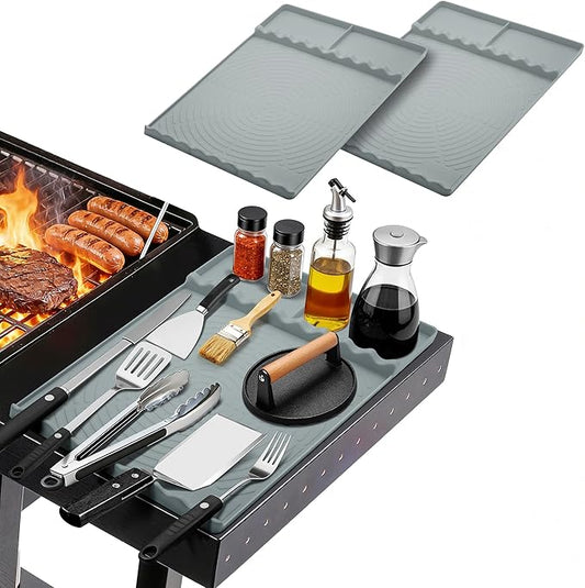 Silicone Grill Mat for Blackstone - BBQ Griddle Tools Side Mat with Drip Pad, Griddle Tools Mat for Outdoor Kitchen Countertop, BBQ Grill Accessories Gifts for Men (Gray-2Pack)