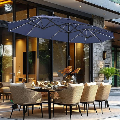 GREEN PARTY 13ft Outdoor Patio Umbrella with Solar Lights, 120 LED 12-Mode Large Double Sided Rectangular Table Umbrella, Heavy Duty Triple-Head Shade for Backyard Deck & Poolside, Navy Blue(No Base)
