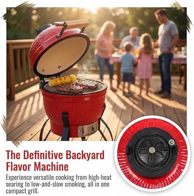Ceramic Charcoal Grill, 13 Inch Kamado BBQ Grill for Outdoor Cooking, Heavy Duty Ceramic Smoker and Roaster with Superior Heat Retention, Fuel Efficient Outdoor Grill, Orange