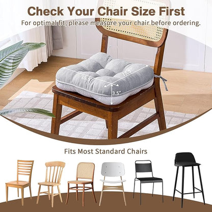 BETU Chair Cushions for Dining Chairs Set of 6,3.5" Thick Kitchen Table Chair Pads with Ties,Non Slip Backing and Covers, Seat Cushion for Dining Room,Bar,Patio Chairs,15.5"X15.5"X3.5",Light Grey