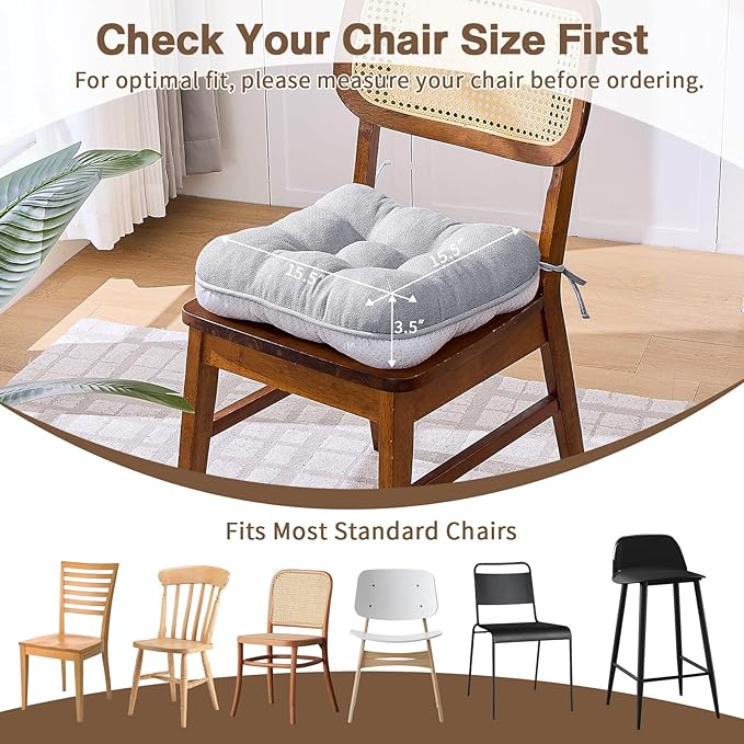 BETU Chair Cushions for Dining Chairs Set of 2,3.5" Thick Kitchen Table Chair Pads with Ties,Non Slip Backing and Covers, Seat Cushion for Dining Room,Bar,Patio Chairs,15.5"X15.5"X3.5",Light Grey