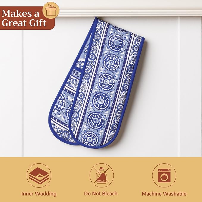 Maison d' Hermine Double Oven Mitts 100% Cotton Double Oven Glove (7"x35") | Heat Resistant BBQ Cooking Gloves with Loop Baking Grilling Kitchen Hotel Home Farmhouse Spring Summer - Melodie Bleue