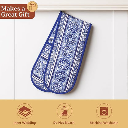 Maison d' Hermine Double Oven Mitts 100% Cotton Double Oven Glove (7"x35") | Heat Resistant BBQ Cooking Gloves with Loop Baking Grilling Kitchen Hotel Home Farmhouse Spring Summer - Melodie Bleue