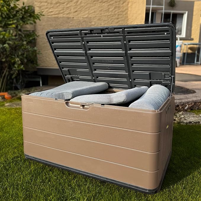 110 Gallon Pro Resin Deck Box, Waterproof Outdoor Storage Bin for Patio Furniture, Pool Accessories, and Garden Tools, Lockable & UV-Resistant, Brown
