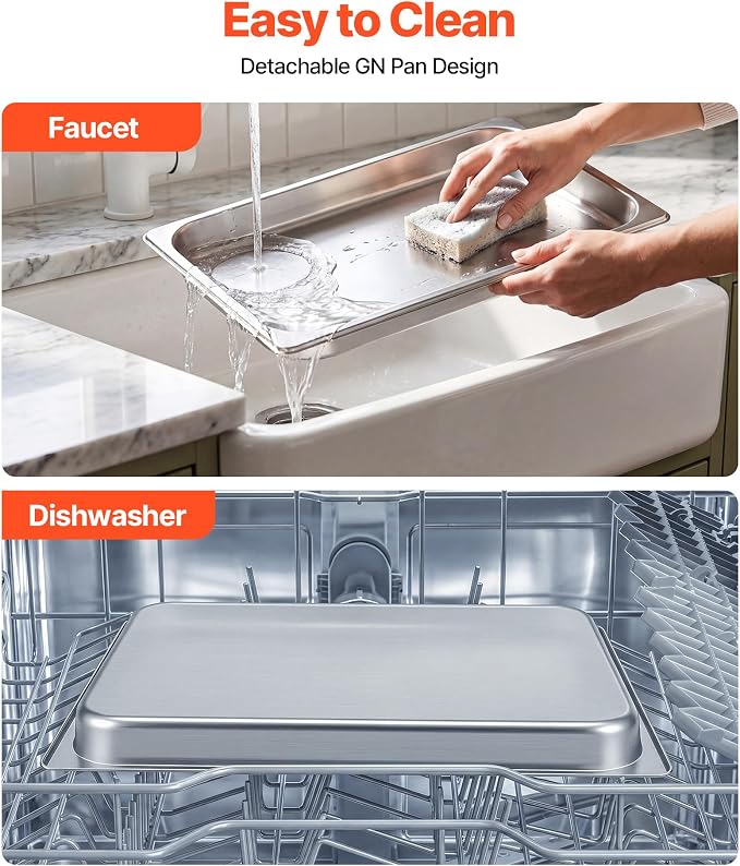 VEVOR Countertop Food Serving Display Container, 2 Tier Stainless Steel Food Salad Server Tray, Buffet Condiment Dispenser, Ice Cooled Rack with Clear Roll Top Cover, for Restaurant Hotel (1/1 Pan x2)