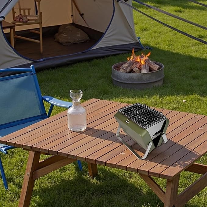 Mini Table Top Charcoal Grill, Portable BBQ Grill with Iron Body and Aluminum Legs, Foldable Suitcase Design, Green Grill for Outdoor Cooking, 1-2 Person Use