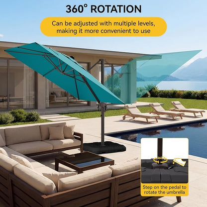 10x10FT Cantilever Outdoor Umbrella with Base, 360° Rotating Large Offset Square Patio Umbrella, Ideal for Garden Backyard Deck Courtyard, Turquoise