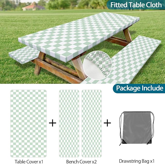 Picnic Table Cover with Bench Covers and Bag, Sage Green and White Checkered Buffalo Plaid Camping Tablecloth Waterproof Elastic Edges Fitted Gingham Tablecloth for Outdoor Garden 3PCS 30x72 Inch