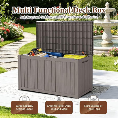 FEFLO 180 Gallon Waterproof Resin Outdoor Storage Box, Lockable & UV Resistant Patio Deck Boxes, Outside Storage for Patio Cushions, Pool Toys, Garden Tools & Package Delivery, Brown