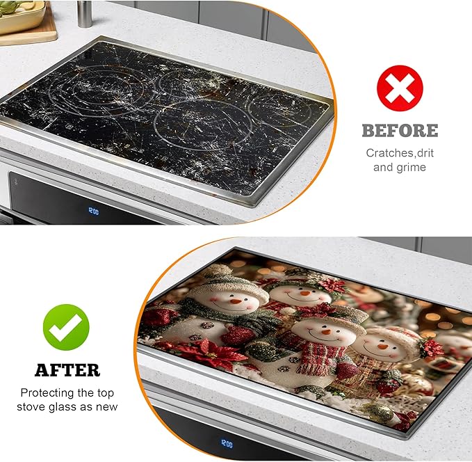 Christmas Multi-Design Stove Cover for Glass/Electric Stoves - 3-in-1 Heat-Resistant Protector Mat, Non-Slip Drying Rack 28"x20"