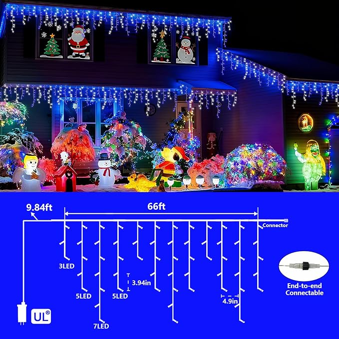 YEGUO 66ft 800 LED Blue and White Icicle Lights Outdoor Waterproof, 160 Drops Icicle String Lights Connectable, 8 Modes Icicle Christmas Lights with Memory Timer