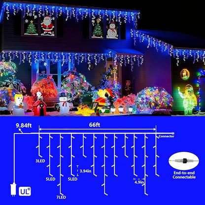 YEGUO 66ft 800 LED Blue and White Icicle Lights Outdoor Waterproof, 160 Drops Icicle String Lights Connectable, 8 Modes Icicle Christmas Lights with Memory Timer