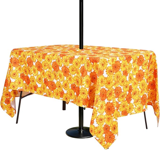 Poise3EHome 60X84 Inches Rectangle Outdoor Tablecloth with Umbrella Hole and Zipper,Spillproof Patio Table Cloth for Camping Picnic Party Garden Table, Yellow Flower