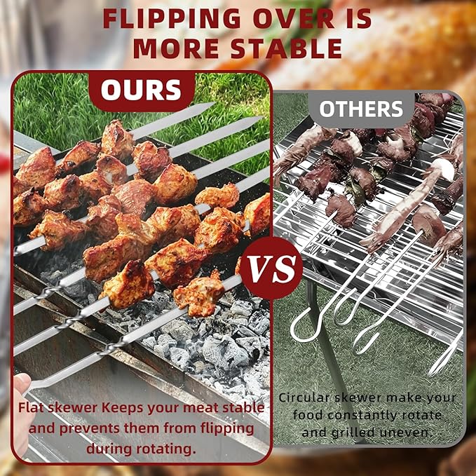 14" Metal Skewers for Grilling, Stainless Steel Flat Kabob Skewers | Reusable BBQ Skewers for Kebab Barbecue Grill, Heavy Duty Skewer Sticks for Outdoor Camping Kitchen Cooking gift package