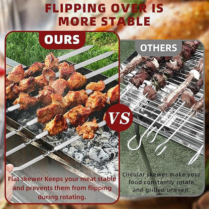 14" Metal Skewers for Grilling, Stainless Steel Flat Kabob Skewers | Reusable BBQ Skewers for Kebab Barbecue Grill, Heavy Duty Skewer Sticks for Outdoor Camping Kitchen Cooking gift package