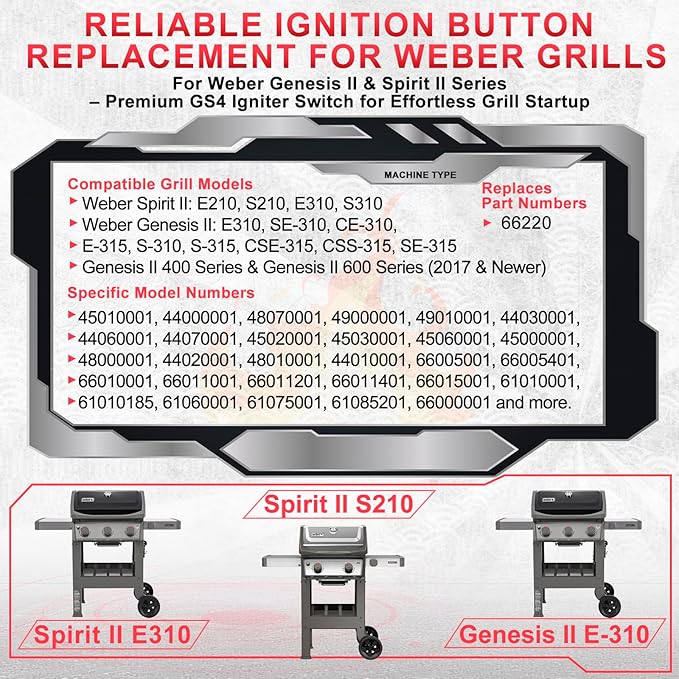 66220 Spirit 2 Igniter Switch for Weber Genesis II & Spirit II Grill GS4 Igniter Button Replacement Spirit II E310 E210 S210 S310 Electronic Ignition, Genesis 2 Grill Ignitor Replacement(2017-Newer)