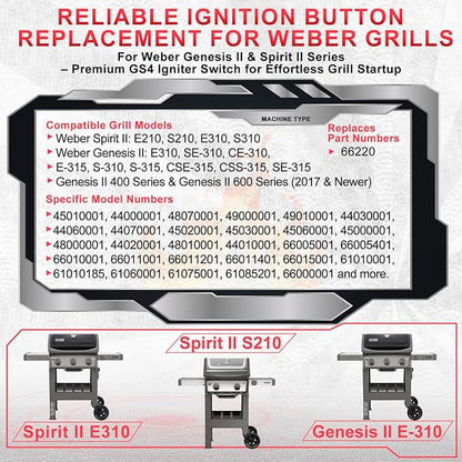 66220 Spirit 2 Igniter Switch for Weber Genesis II & Spirit II Grill GS4 Igniter Button Replacement Spirit II E310 E210 S210 S310 Electronic Ignition, Genesis 2 Grill Ignitor Replacement(2017-Newer)