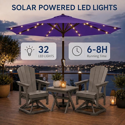10FT Solar Patio Umbrella with Lights, Outdoor Table Market Umbrella with 32 LED Lights, 8 Sturdy Ribs, Push Button Tilt and Crank for Pool, Deck and Garden, UV-Resistant
