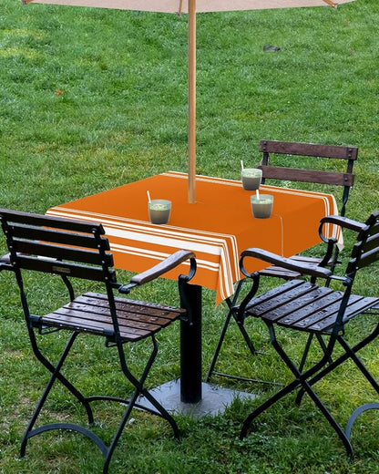 Queenker Fall Outdoor Tablecloth with Umbrella Hole, Farmhouse Orange White Stripe Square Tables Zippered Table Cloth Waterproof Tabletop Cover Collection for Patio, Garden, Picnic, Camping, Dining