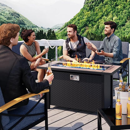 45in Fire Table, Propane Fire Pit with Glass Wind Guard and Rain Cover, Outdoor Firepit Table 50000 BTU 3-in-1 Fire Table for Patio/Yard/Balcony, Walnut Tabletop