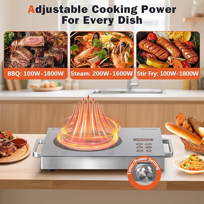Single Burner Electric Cooktop, Protable Electric Stove with Handle, Countertop Ceramic Stove top for Camping, Home, RVs, Child Lock, Timer, Steam, BBQ, Stir Fry,110V - 120V Plug in, Grey