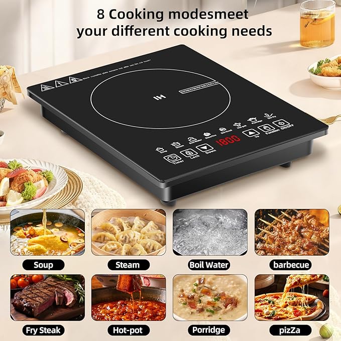 Single Burner Induction Cooktop,Hot Plate with 6 Cooking Modes, portable cooktop with LCD touch control,9 Levels &3H Timer,1800W 110V Portable induction Cooktop