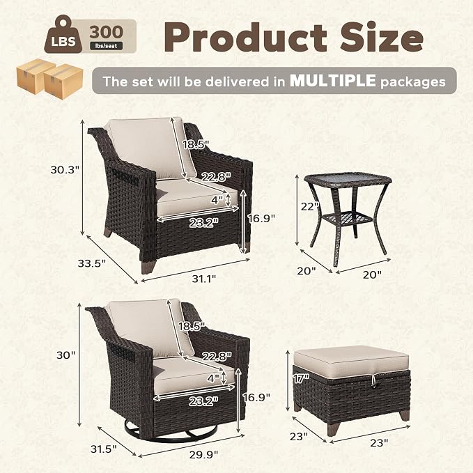 7 Piece Patio Furniture Set, Wicker Outdoor Conversation Set | Patio Chair Set with Olefin Removable Cushion, All-Weather Glider Swivel Chair Set with Deep Seat for Porch, Deck, Beige