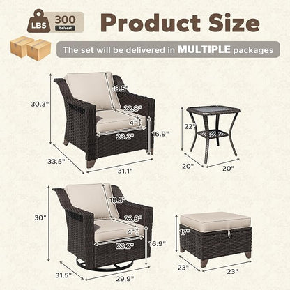 7 Piece Patio Furniture Set, Wicker Outdoor Conversation Set | Patio Chair Set with Olefin Removable Cushion, All-Weather Glider Swivel Chair Set with Deep Seat for Porch, Deck, Beige