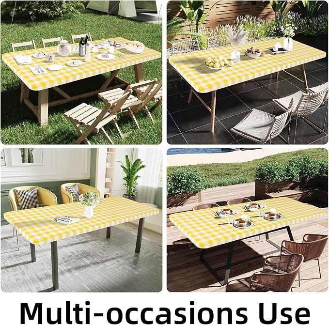 Smiry Rectangle Picnic Table Cloth, Elastic Waterproof Fitted Vinyl Tablecloths, Flannel Backed Buffalo Plaid Table Covers for Dining, Camping, Outdoor (White and Yellow, 30" x 48")