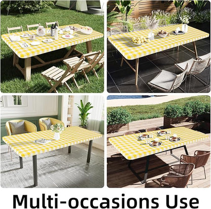 Smiry Rectangle Picnic Table Cloth, Elastic Waterproof Fitted Vinyl Tablecloths, Flannel Backed Buffalo Plaid Table Covers for Dining, Camping, Outdoor (White and Yellow, 36" x 96")