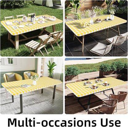 Smiry Rectangle Picnic Table Cloth, Elastic Waterproof Fitted Vinyl Tablecloths, Flannel Backed Buffalo Plaid Table Covers for Dining, Camping, Outdoor (White and Yellow, 30" x 72")